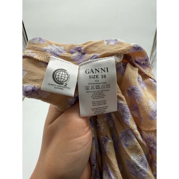 Ganni Montrose Long Sleeve Ruffled Collared Floral Print Crepe Dress Size 6 - Picture 7 of 7